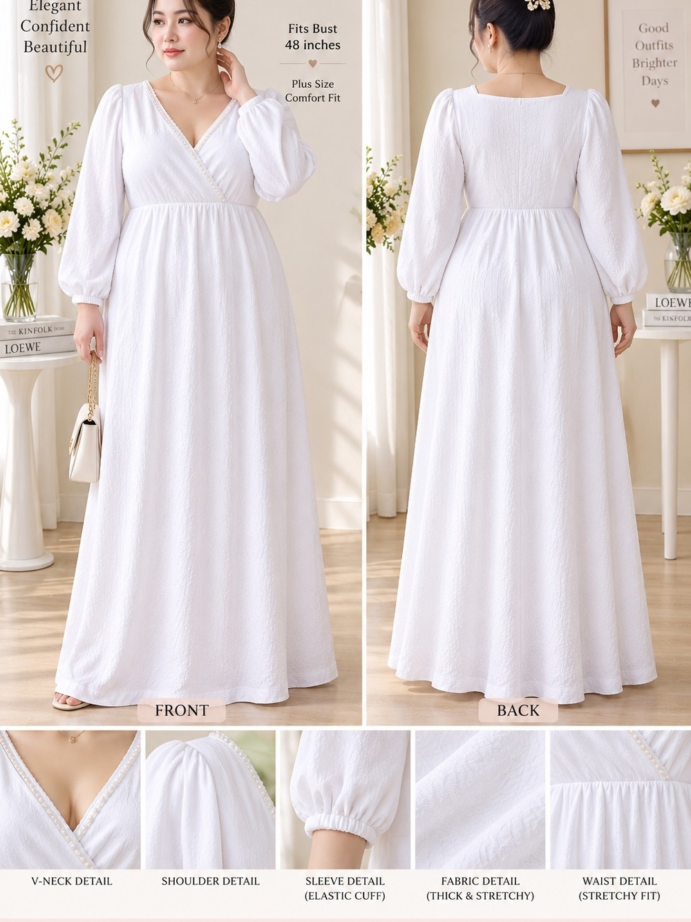 SHEIN White Plus Size V-Neck Long Sleeve Maxi Dress